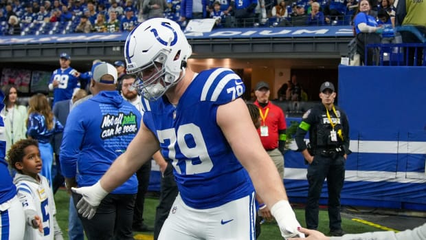 Indianapolis Colts offensive tackle Bernhard Raimann (79) slaps hands pregame, Las Vegas Raiders at Indianapolis Colts, Sunday, Dec. 31, 2023, at Lucas Oil Stadium.